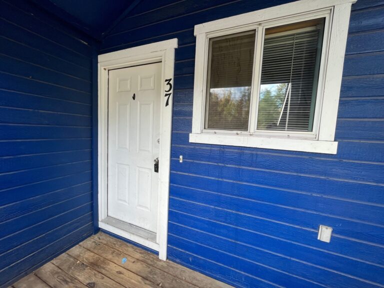 Front entry of the rental at 37 S. Mike St in Boise, Idaho, with blue siding, a white door and a small wood porch