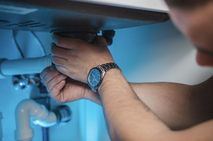 Contractor repairing a kitchen sink in a rental home